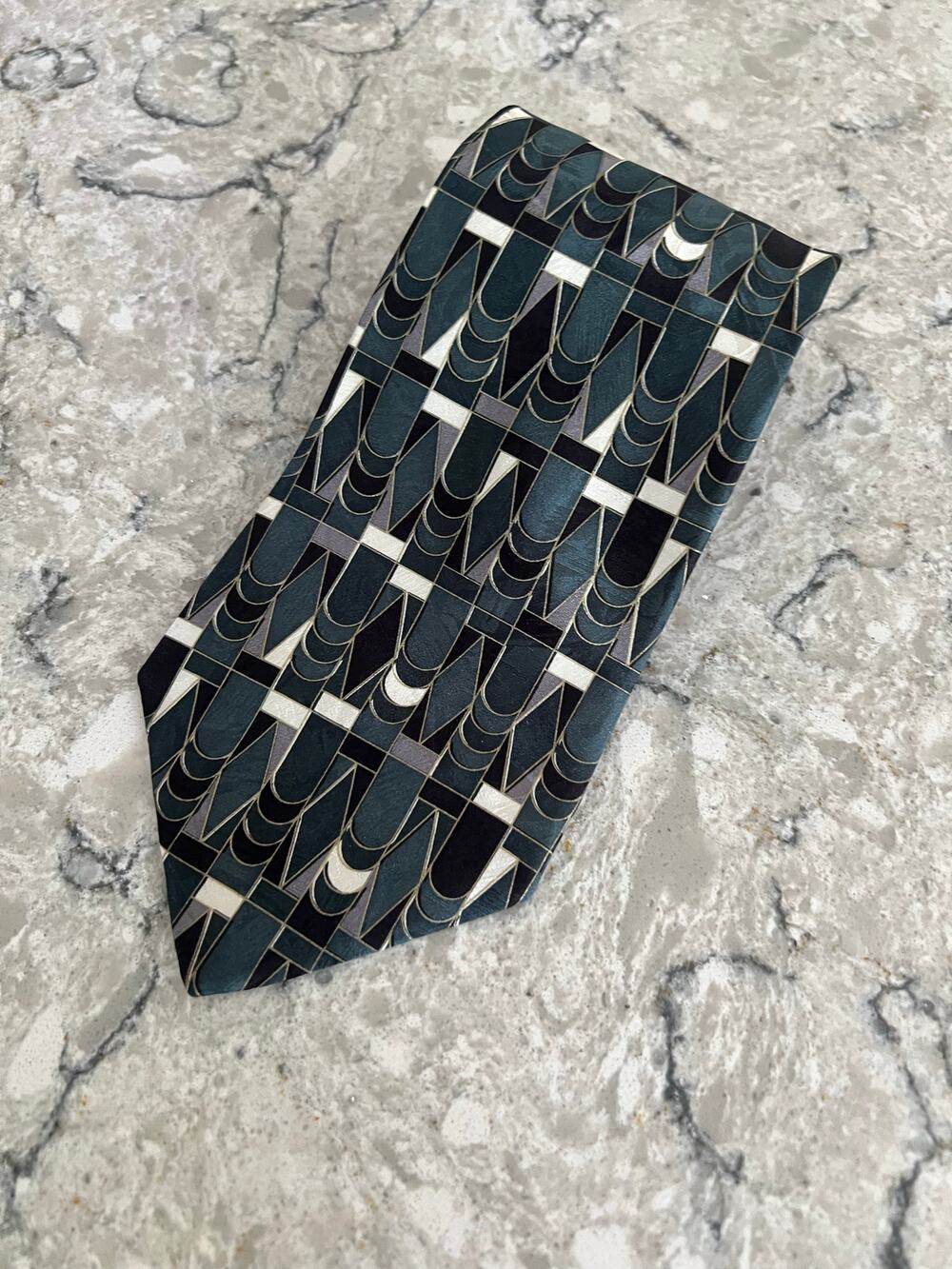 Henry Grerthel Men's 100% Silk Neck Tie Teal Black White Geometric Abstract JL
